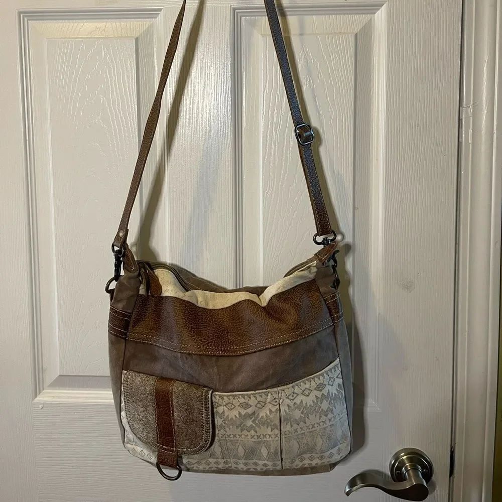 Myra Bag canvas & leather Hobo Beige gray & brown shoulder bag